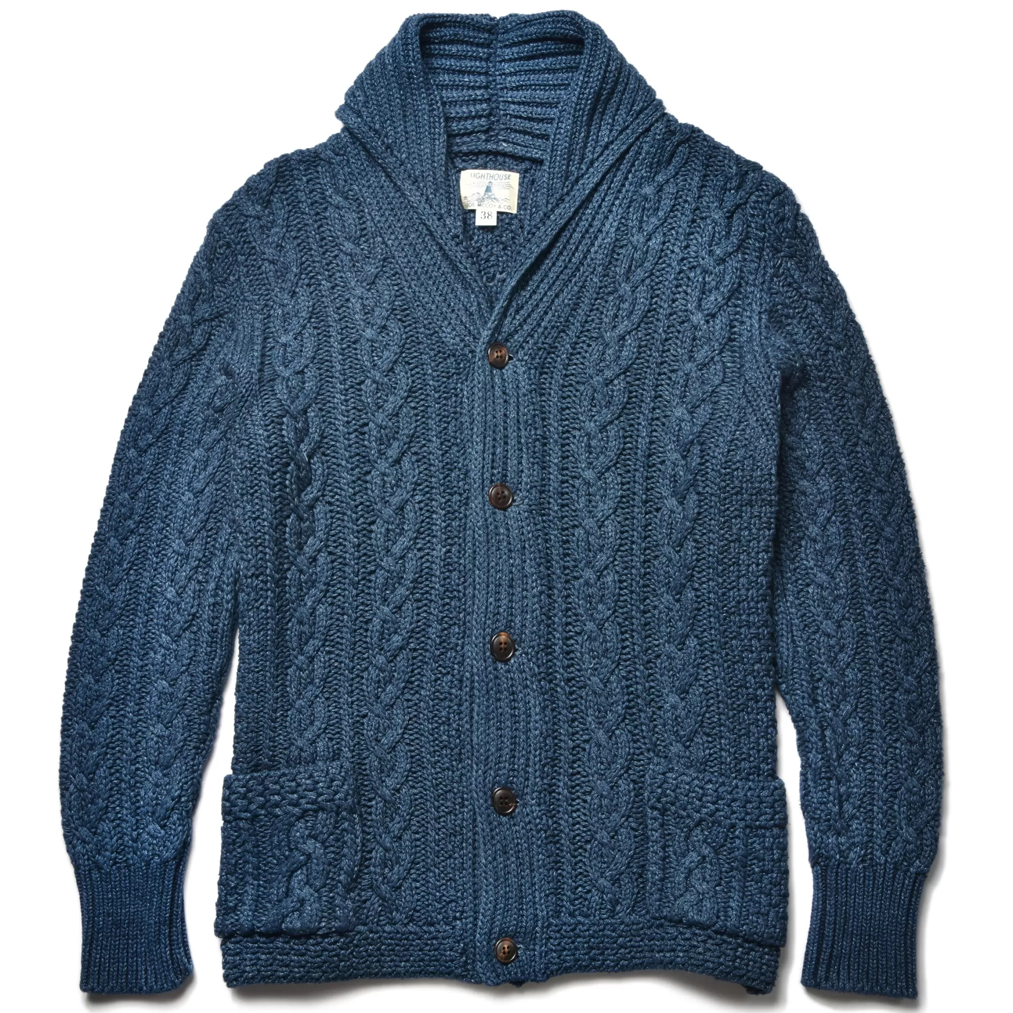 The Real McCoy's Knitwear^ Aran Shawl Collar Cardigan Indigo