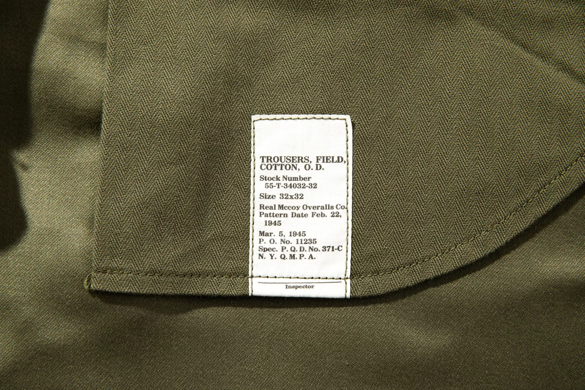 The Real McCoy's Pants^Trousers Field Cotton O.D. Olive