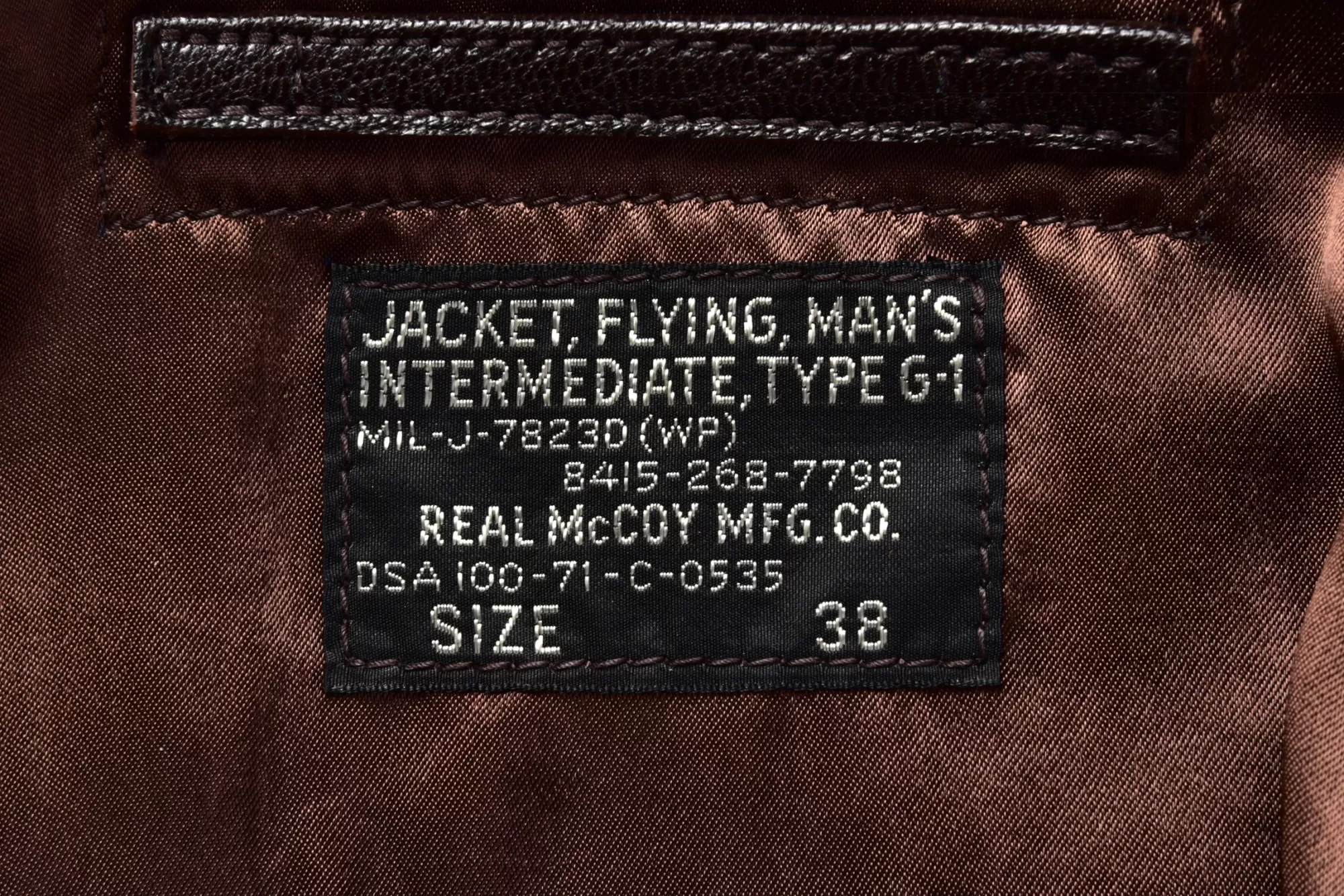 The Real McCoy's Leather^Type G-1 Real Mccoy Mfg. Co. Mil-J-7823 Brown