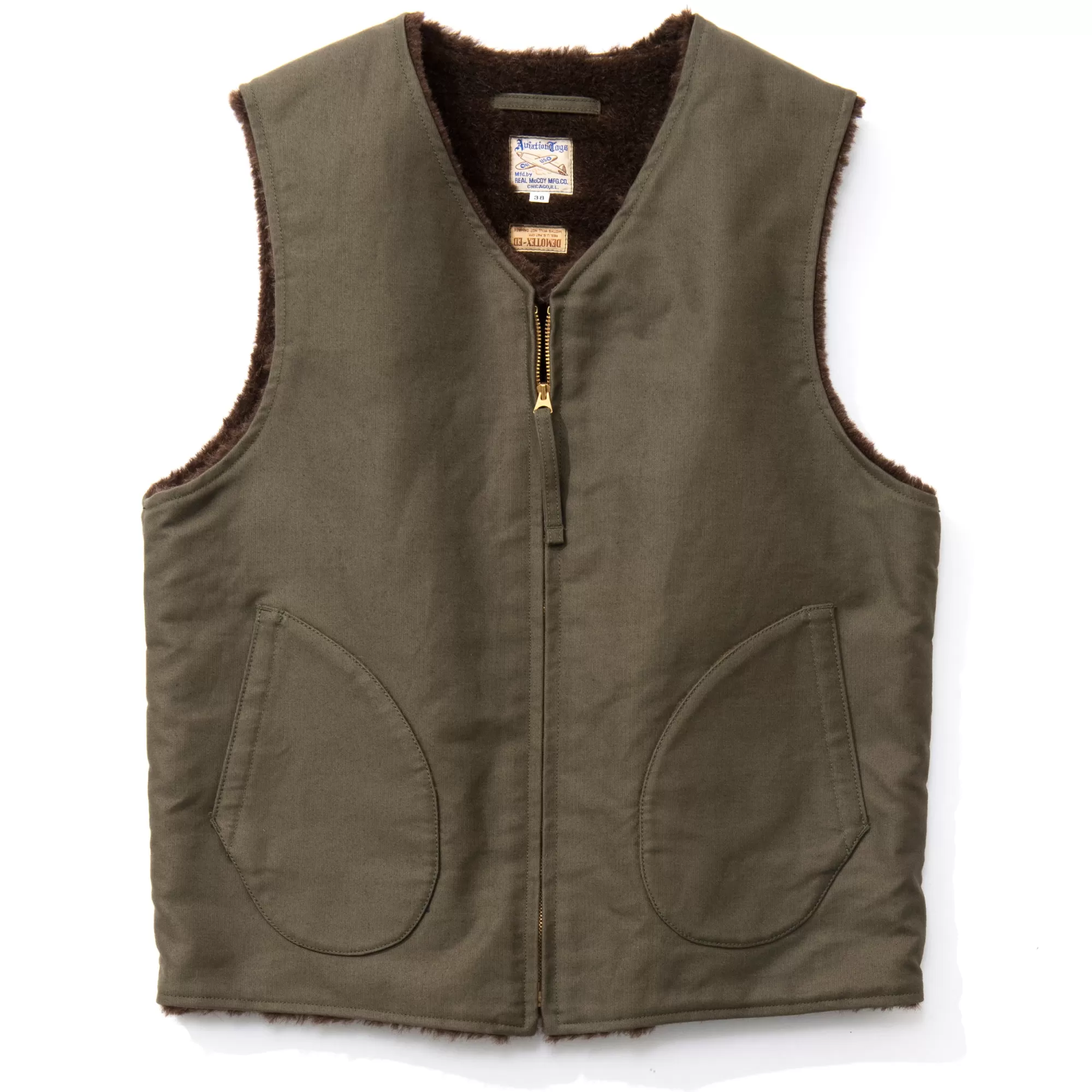 The Real McCoy's Vests^Vest Alpaca Pile-Lined (Plain) 215 Olive Plain