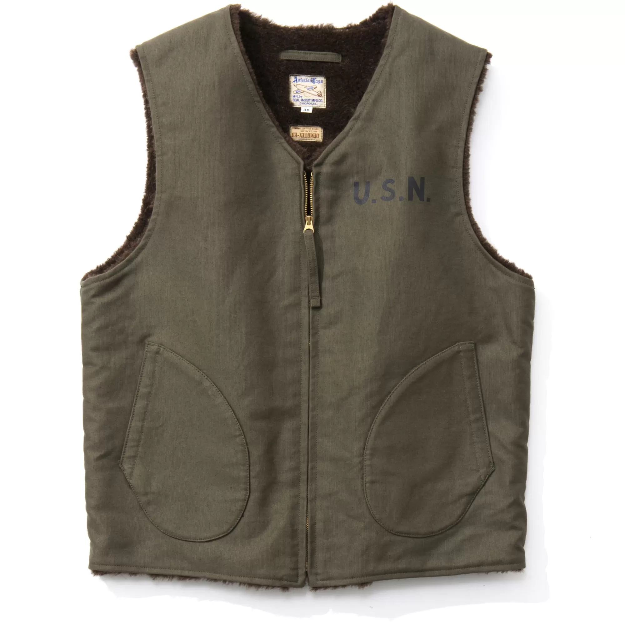 The Real McCoy's Vests^Vest Alpaca Pile-Lined (Stencil) 150 Olive Usn Stencil